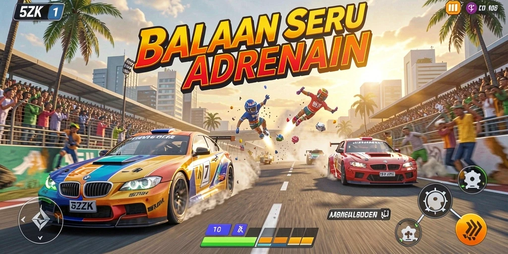 Screenshot gameplay 5ZK menampilkan mobil balap di lintasan menegangkan.