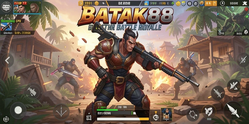 Screenshot utama BATIK88 menunjukkan aksi intens di medan pertempuran Battle Royale.