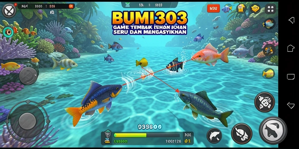 Screenshot dari gameplay BUMI303 menunjukkan keseruan menembak ikan.