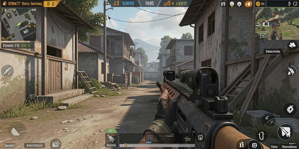 Tampilan gameplay DORA77 yang intens dalam pertempuran FPS.