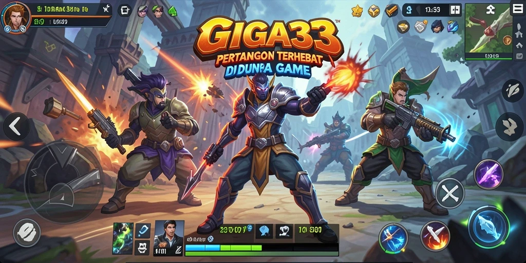 Tangkapan layar GIGA33 menampilkan pertarungan seru antara karakter dengan grafis menakjubkan.