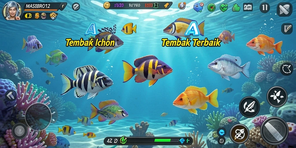 Tangkapan layar gameplay seru dari MASBRO12, menampilkan ikan yang menunggu untuk ditembak.