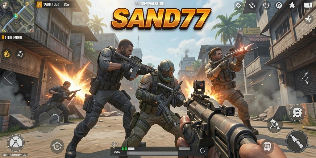 Screenshot gameplay SAND77 menampilkan aksi tembak-menembak yang mendebarkan.