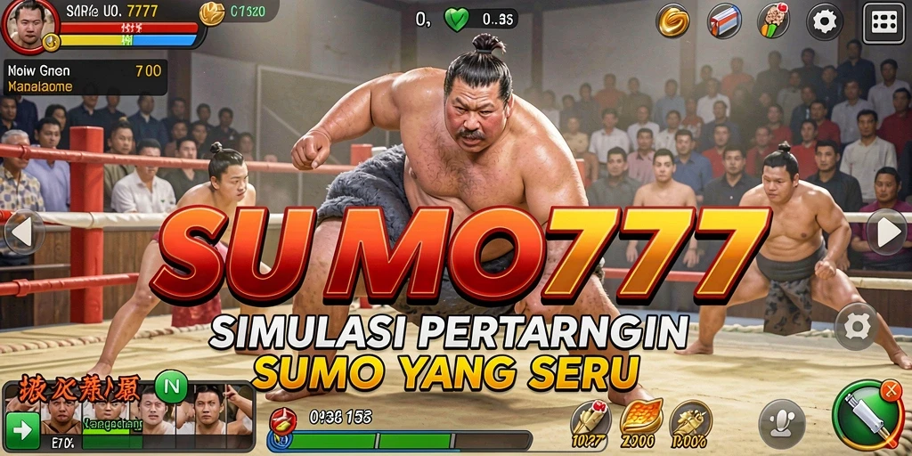 Tampilan gameplay seru di arena sumo dengan karakter menonjol.