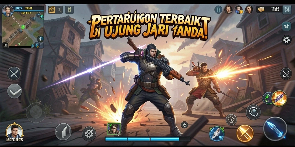 Screenshot UH77 menunjukkan karakter bertarung dalam aksi penuh adrenalin.