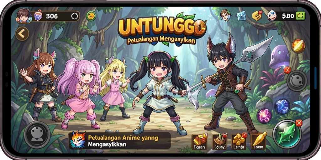 Tampilan gameplay yang seru dan karakter anime yang menarik.